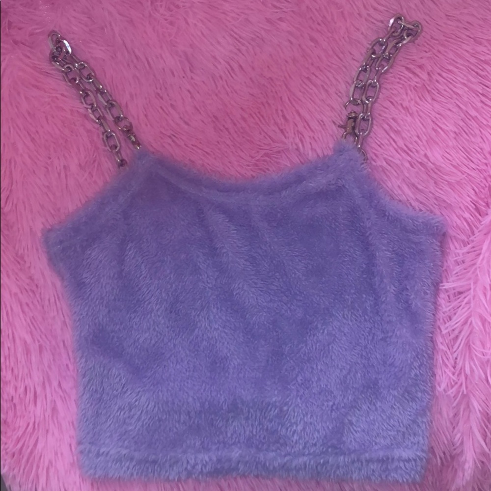 Purple faux fur crop top with chain detail